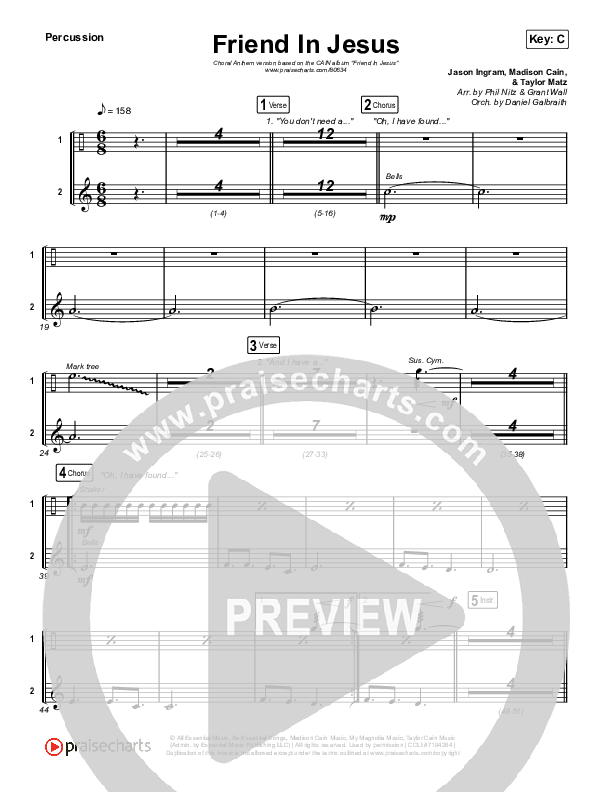 Friend In Jesus (Choral Anthem SATB) Percussion (CAIN / Arr. Phil Nitz)