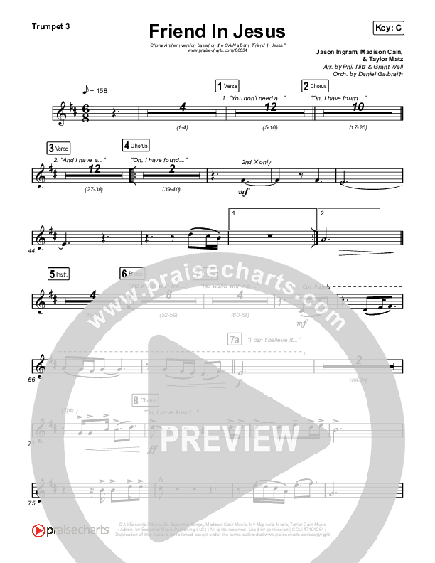 Friend In Jesus (Choral Anthem SATB) Trumpet 1,2 (CAIN / Arr. Phil Nitz)