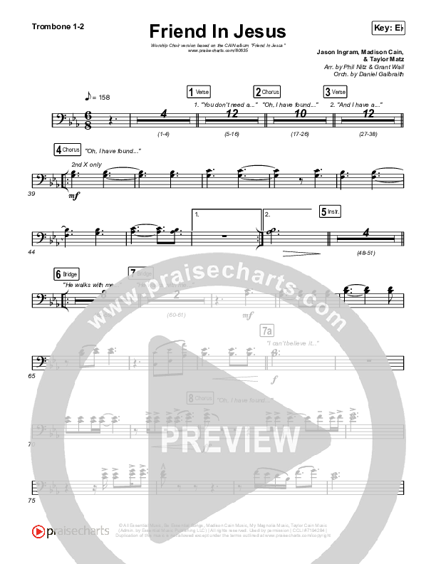 Friend In Jesus (Worship Choir/SAB) Trombone 1/2 (CAIN / Arr. Phil Nitz)