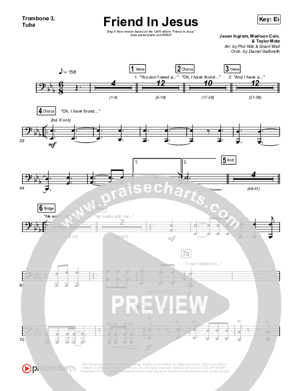 Friend In Jesus (Sing It Now) Trombone 3/Tuba (CAIN / Arr. Phil Nitz)