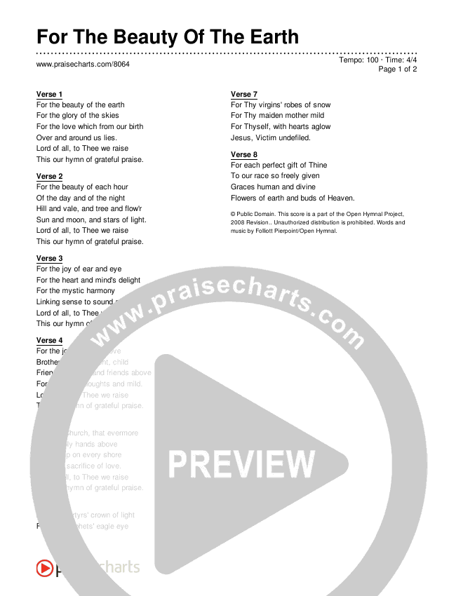 For The Beauty Of The Earth Chords PDF Traditional Hymn PraiseCharts