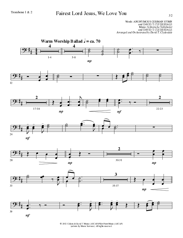 Fairest Lord Jesus, We Love You (Choral Anthem SATB) Trombone 1/2 (Lillenas Choral / Arr. David Clydesdale)