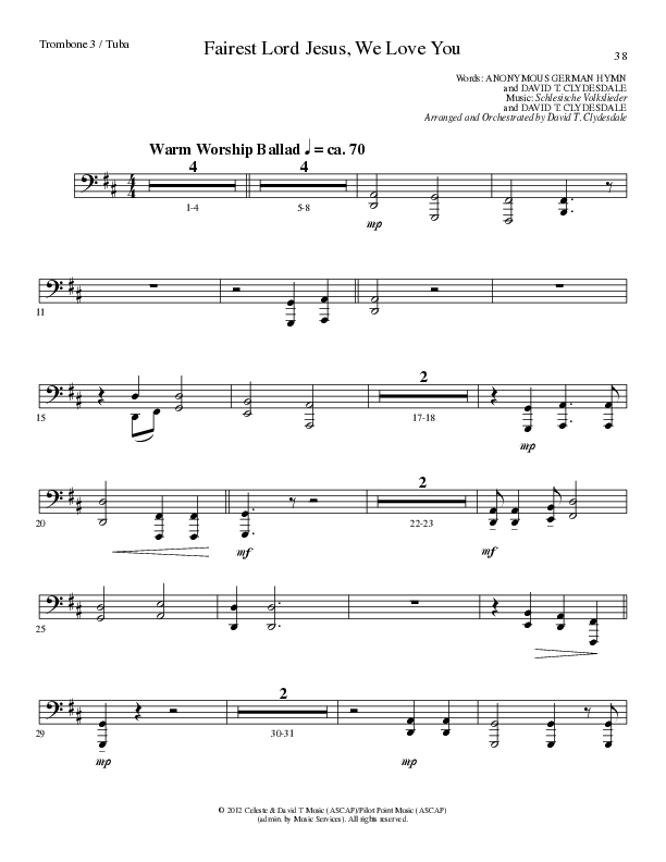 Fairest Lord Jesus, We Love You (Choral Anthem SATB) Trombone 3/Tuba (Lillenas Choral / Arr. David Clydesdale)