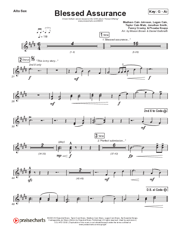 Blessed Assurance (Choral Anthem SATB) Sax Pack (CAIN / David Leonard / Arr. Mason Brown)