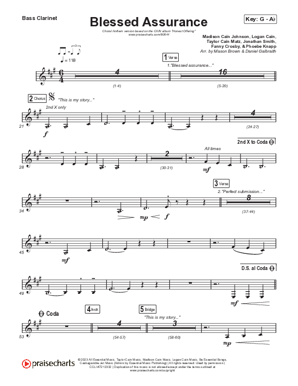 Blessed Assurance (Choral Anthem SATB) Bass Clarinet (CAIN / David Leonard / Arr. Mason Brown)