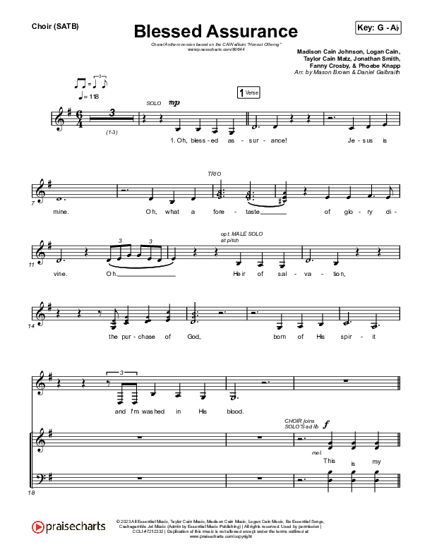 Blessed Assurance (Choral Anthem SATB) Choir Sheet (SATB) (CAIN / David Leonard / Arr. Mason Brown)