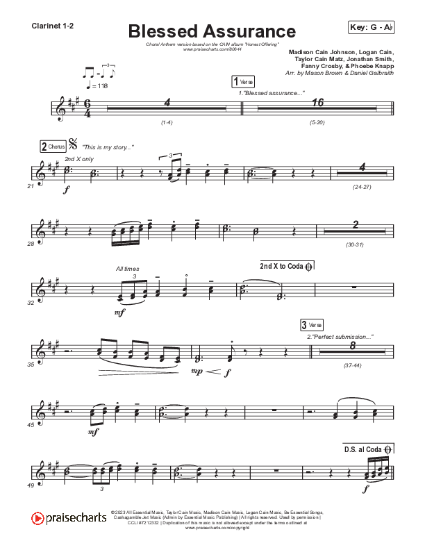 Blessed Assurance (Choral Anthem SATB) Clarinet 1,2 (CAIN / David Leonard / Arr. Mason Brown)