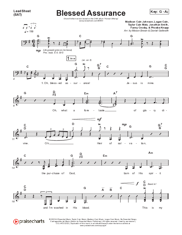 Blessed Assurance (Choral Anthem SATB) Lead Sheet (SAT) (CAIN / David Leonard / Arr. Mason Brown)