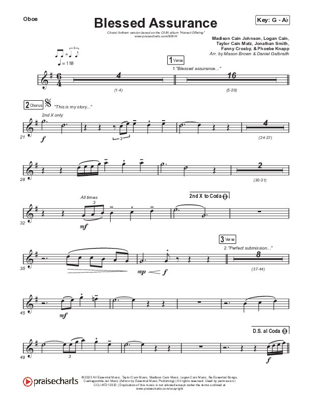 Blessed Assurance (Choral Anthem SATB) Oboe (CAIN / David Leonard / Arr. Mason Brown)