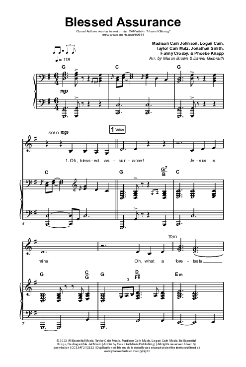 Blessed Assurance (Choral Anthem SATB) Octavo (SATB & Pno) (CAIN / David Leonard / Arr. Mason Brown)