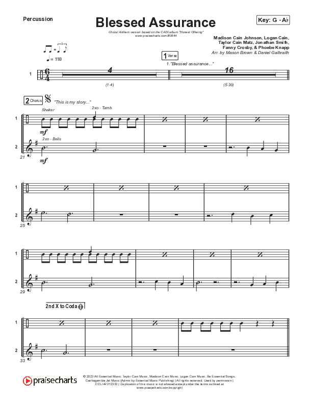 Blessed Assurance (Choral Anthem SATB) Percussion (CAIN / David Leonard / Arr. Mason Brown)
