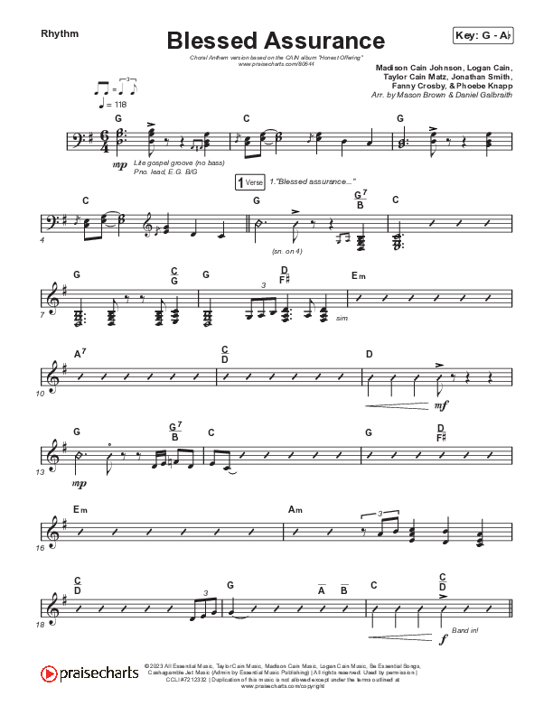 Blessed Assurance (Choral Anthem SATB) Rhythm Chart (CAIN / David Leonard / Arr. Mason Brown)