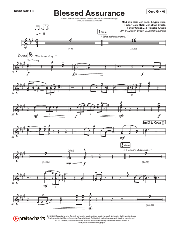 Blessed Assurance (Choral Anthem SATB) Tenor Sax 1,2 (CAIN / David Leonard / Arr. Mason Brown)