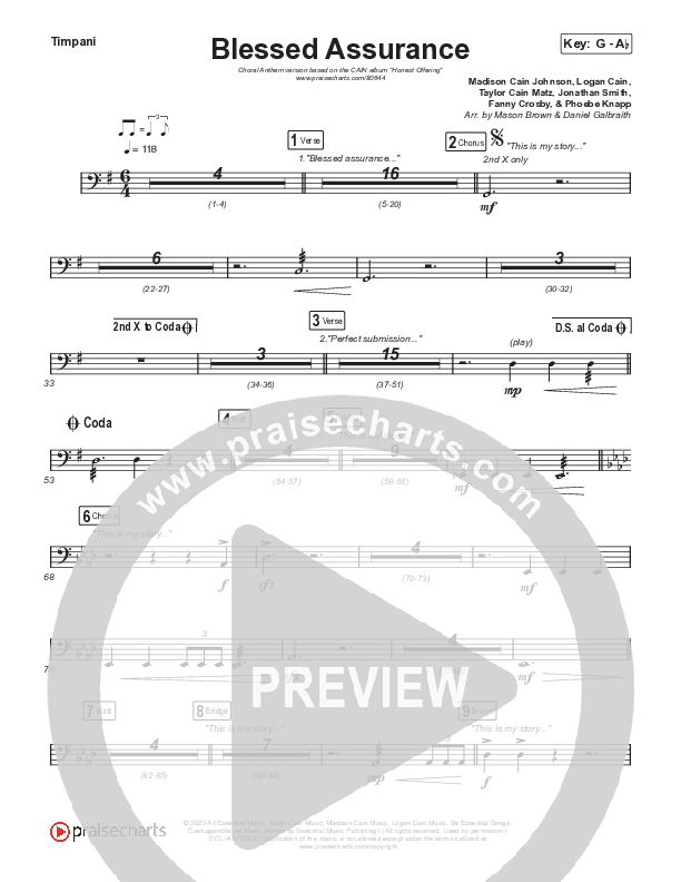 Blessed Assurance (Choral Anthem SATB) Timpani (CAIN / David Leonard / Arr. Mason Brown)