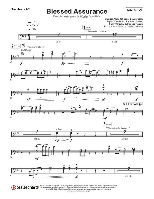 Blessed Assurance (Choral Anthem SATB) Trombone 1/2 (CAIN / David Leonard / Arr. Mason Brown)
