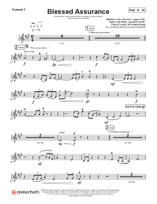 Blessed Assurance (Choral Anthem SATB) Trumpet 3 (CAIN / David Leonard / Arr. Mason Brown)
