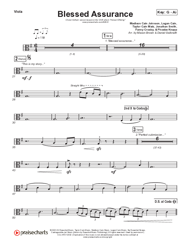 Blessed Assurance (Choral Anthem SATB) Viola (CAIN / David Leonard / Arr. Mason Brown)