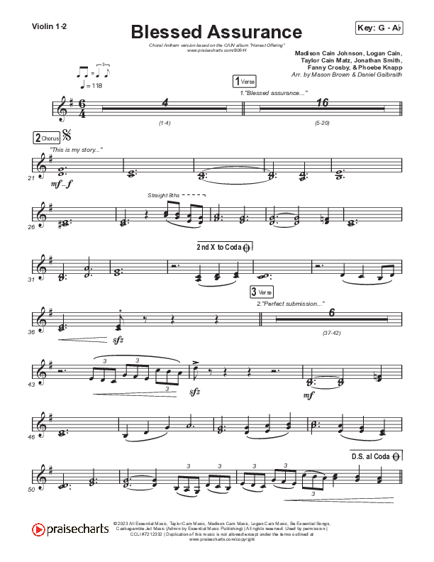 Blessed Assurance (Choral Anthem SATB) Violin 1,2 (CAIN / David Leonard / Arr. Mason Brown)