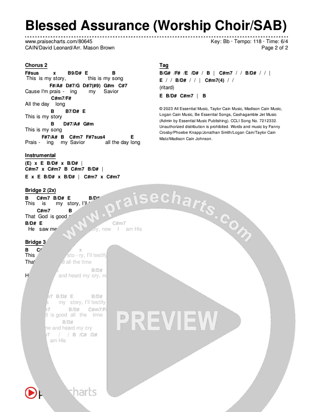 Blessed Assurance (Worship Choir/SAB) Chords & Lyrics (CAIN / David Leonard / Arr. Mason Brown)