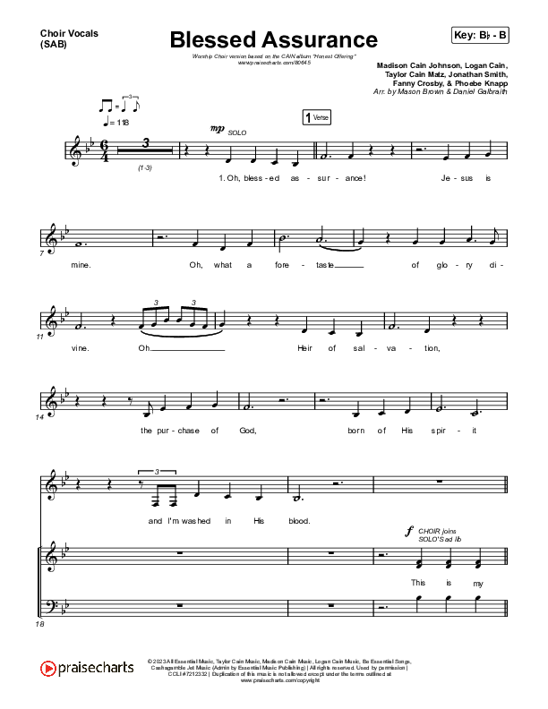 Blessed Assurance (Worship Choir/SAB) Choir Sheet (SAB) (CAIN / David Leonard / Arr. Mason Brown)