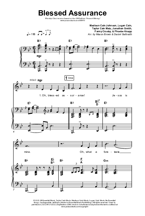 Blessed Assurance (Worship Choir/SAB) Octavo (SAB & Pno) (CAIN / David Leonard / Arr. Mason Brown)