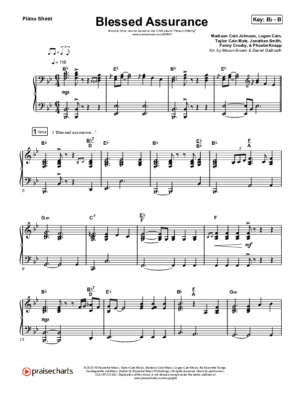 Blessed Assurance (Worship Choir/SAB) Piano Sheet (CAIN / David Leonard / Arr. Mason Brown)