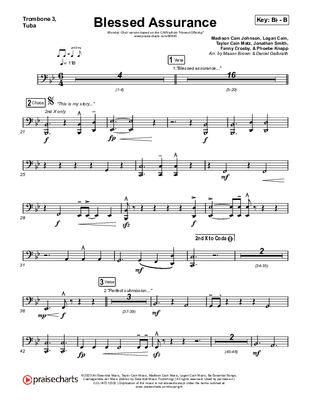Blessed Assurance (Worship Choir/SAB) Trombone 3/Tuba (CAIN / David Leonard / Arr. Mason Brown)