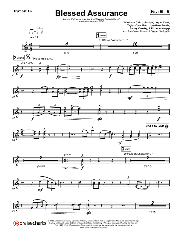 Blessed Assurance (Worship Choir/SAB) Trumpet 1,2 (CAIN / David Leonard / Arr. Mason Brown)