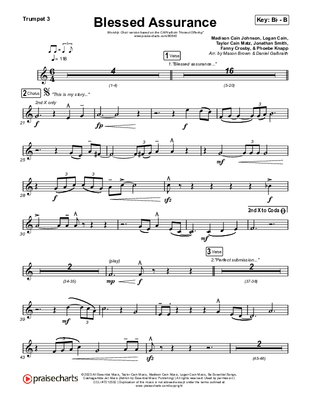 Blessed Assurance (Worship Choir/SAB) Trumpet 3 (CAIN / David Leonard / Arr. Mason Brown)