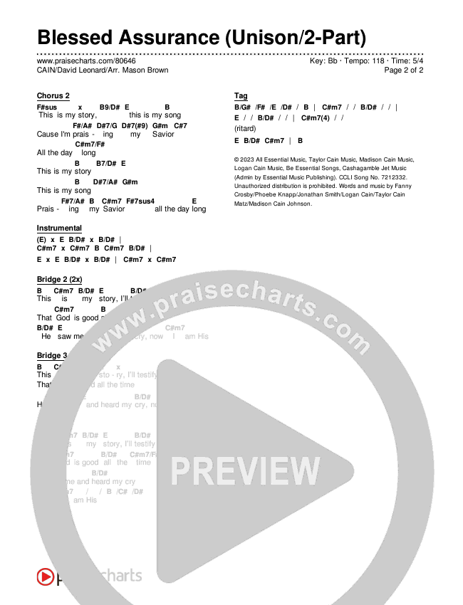 Blessed Assurance (Unison/2-Part) Chords & Lyrics (CAIN / David Leonard / Arr. Mason Brown)