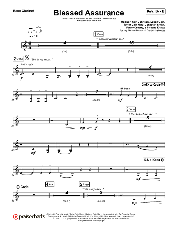 Blessed Assurance (Unison/2-Part) Bass Clarinet (CAIN / David Leonard / Arr. Mason Brown)