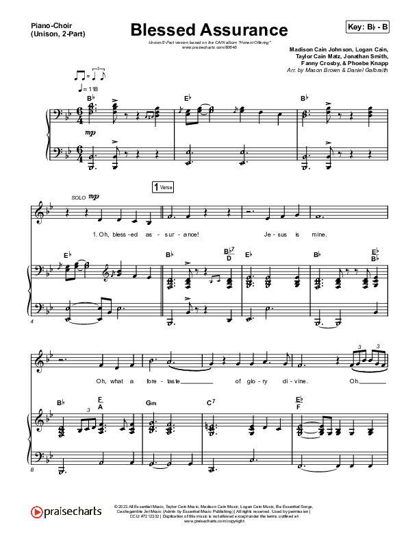 Blessed Assurance (Unison/2-Part) Piano/Choir  (Uni/2-Part) (CAIN / David Leonard / Arr. Mason Brown)