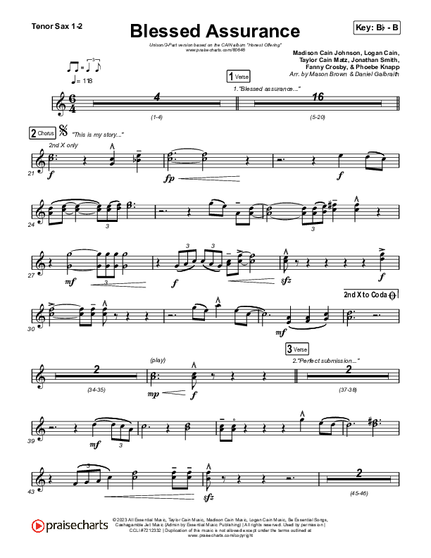 Blessed Assurance (Unison/2-Part) Tenor Sax 1/2 (CAIN / David Leonard / Arr. Mason Brown)