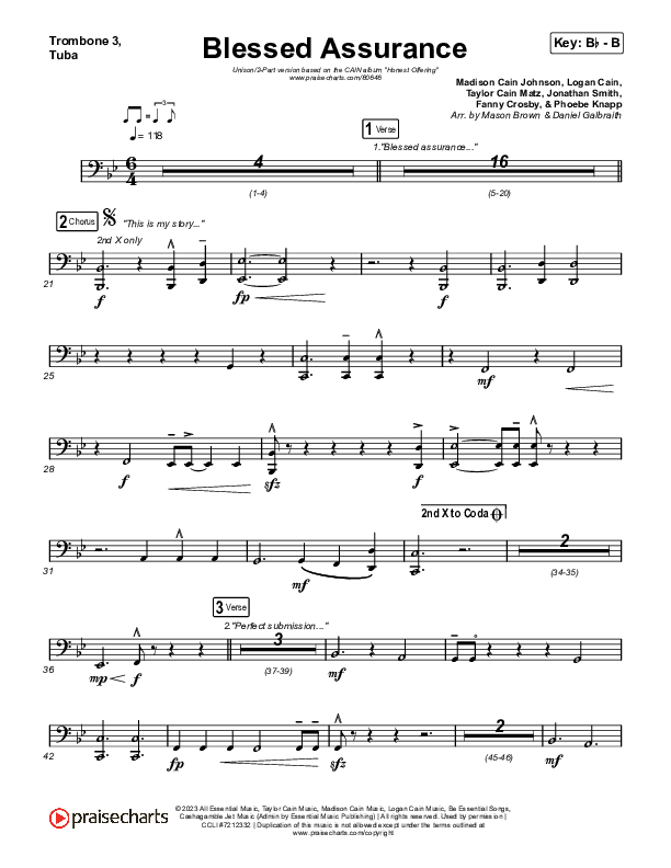 Blessed Assurance (Unison/2-Part) Trombone 3/Tuba (CAIN / David Leonard / Arr. Mason Brown)