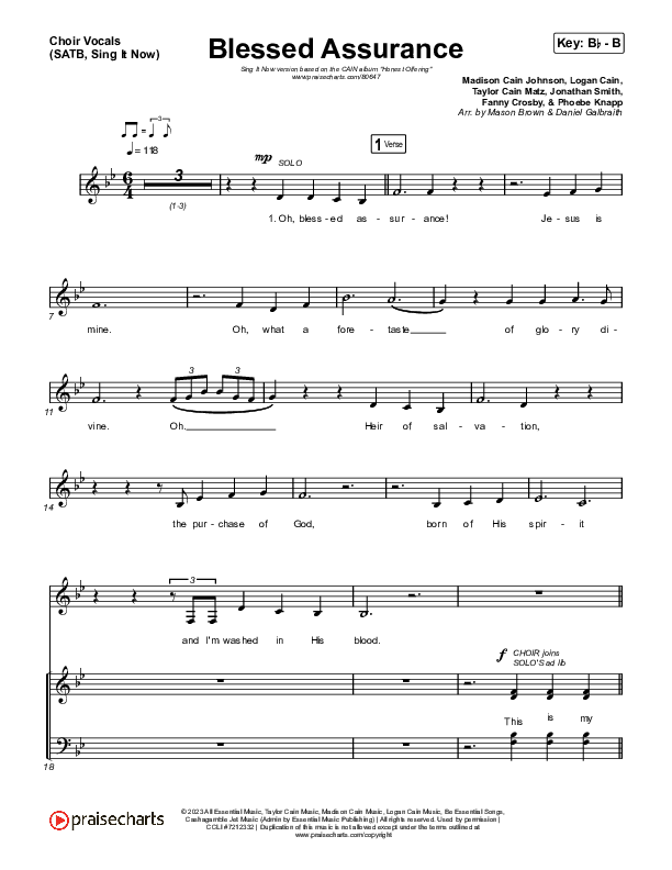 Blessed Assurance (Sing It Now) Choir Sheet (SATB) (CAIN / David Leonard / Arr. Mason Brown)