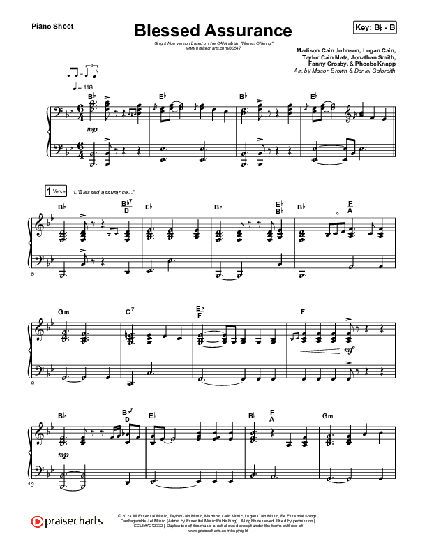 Blessed Assurance (Sing It Now) Piano Sheet (CAIN / David Leonard / Arr. Mason Brown)