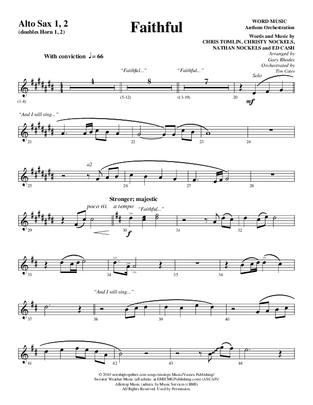 Faithful (Choral Anthem SATB) Alto Sax 1/2 (Word Music / Arr. Gary Rhodes)
