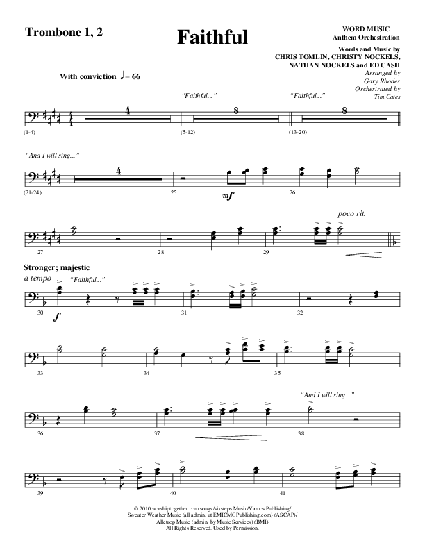 Faithful (Choral Anthem SATB) Trombone 1/2 (Word Music / Arr. Gary Rhodes)
