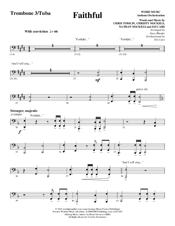 Faithful (Choral Anthem SATB) Trombone 3/Tuba (Word Music / Arr. Gary Rhodes)
