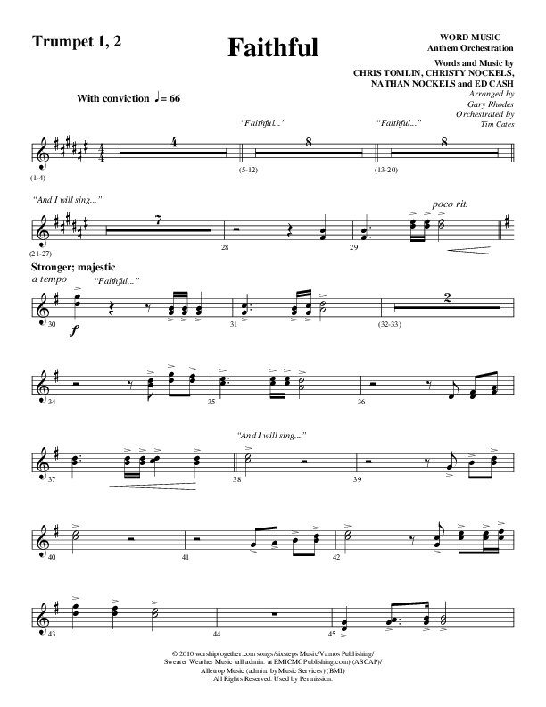 Faithful (Choral Anthem SATB) Trumpet 1,2 (Word Music / Arr. Gary Rhodes)