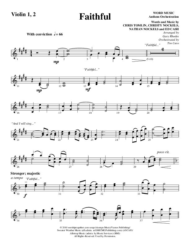 Faithful (Choral Anthem SATB) Violin 1/2 (Word Music / Arr. Gary Rhodes)