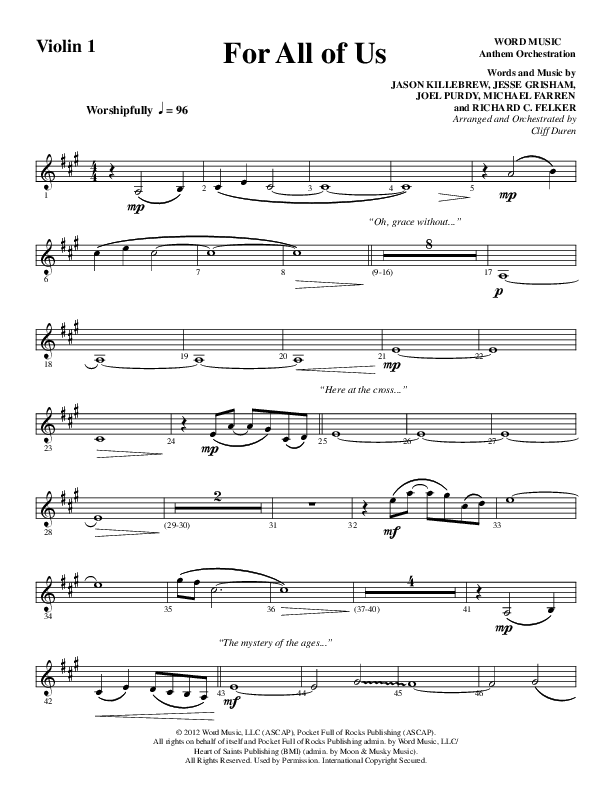For All Of Us (Choral Anthem SATB) Violin 1 (Word Music Choral / Arr. Cliff Duren)