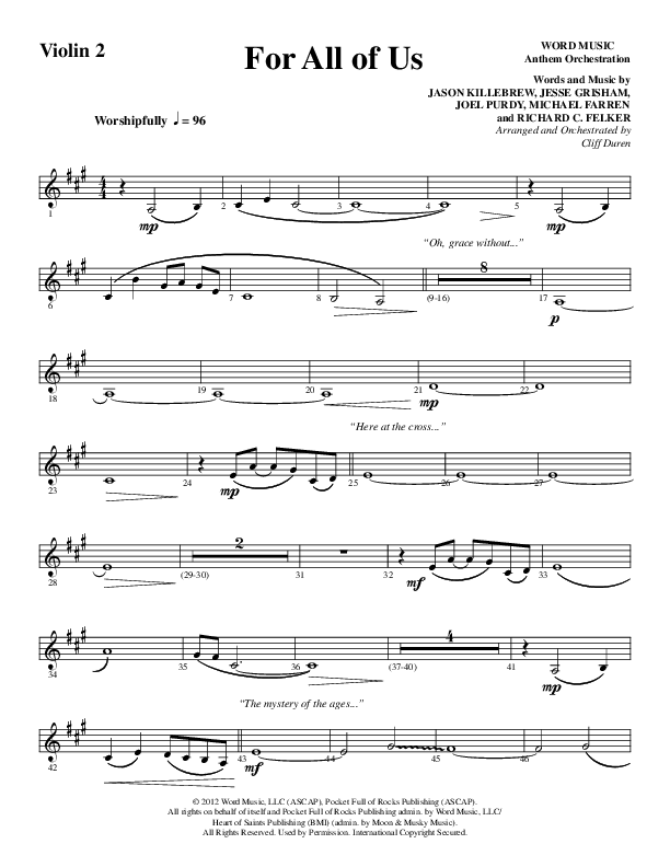 For All Of Us (Choral Anthem SATB) Violin 2 (Word Music Choral / Arr. Cliff Duren)