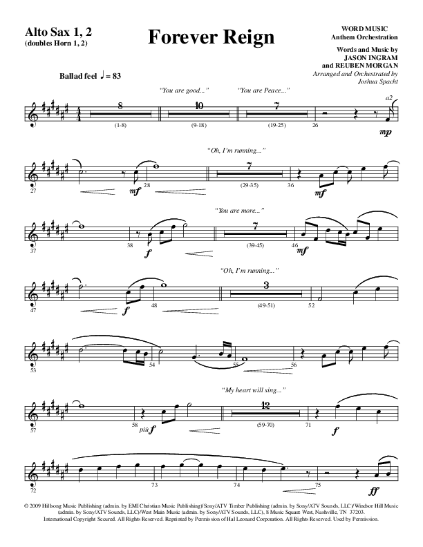 Forever Reign (Choral Anthem SATB) Alto Sax 1/2 (Word Music Choral / Arr. Joshua Spacht)