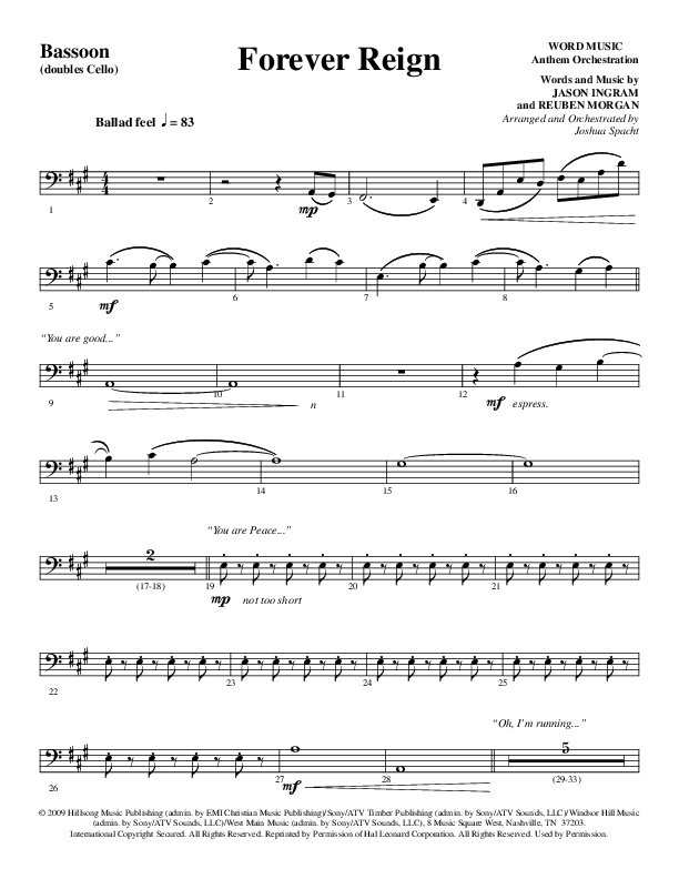 Forever Reign (Choral Anthem SATB) Bassoon (Word Music Choral / Arr. Joshua Spacht)