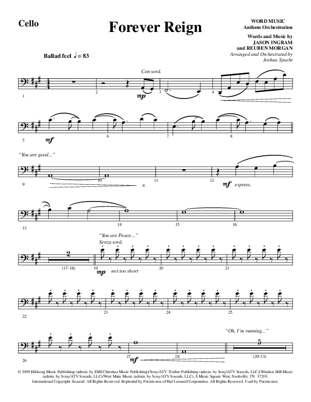Forever Reign (Choral Anthem SATB) Cello (Word Music Choral / Arr. Joshua Spacht)