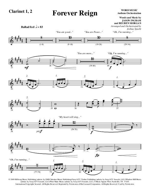 Forever Reign (Choral Anthem SATB) Clarinet 1/2 (Word Music Choral / Arr. Joshua Spacht)