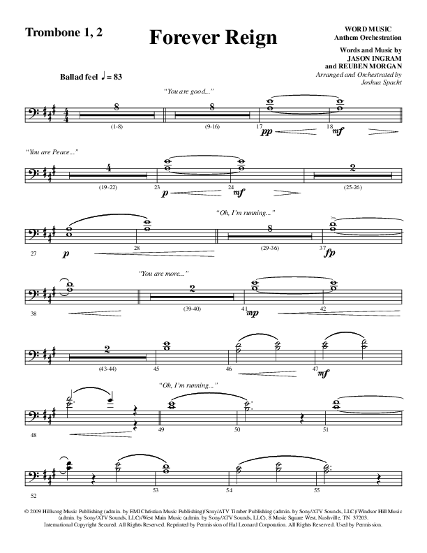 Forever Reign (Choral Anthem SATB) Trombone 1/2 (Word Music Choral / Arr. Joshua Spacht)