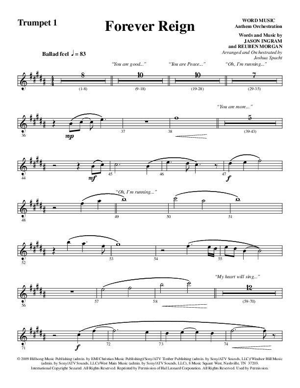 Forever Reign (Choral Anthem SATB) Trumpet 1 (Word Music Choral / Arr. Joshua Spacht)
