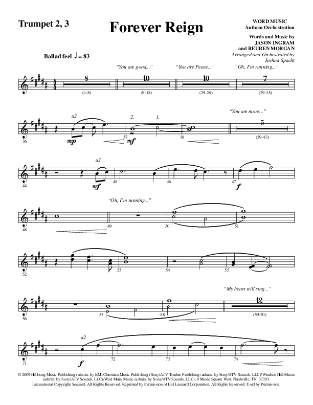 Forever Reign (Choral Anthem SATB) Trumpet 2/3 (Word Music Choral / Arr. Joshua Spacht)